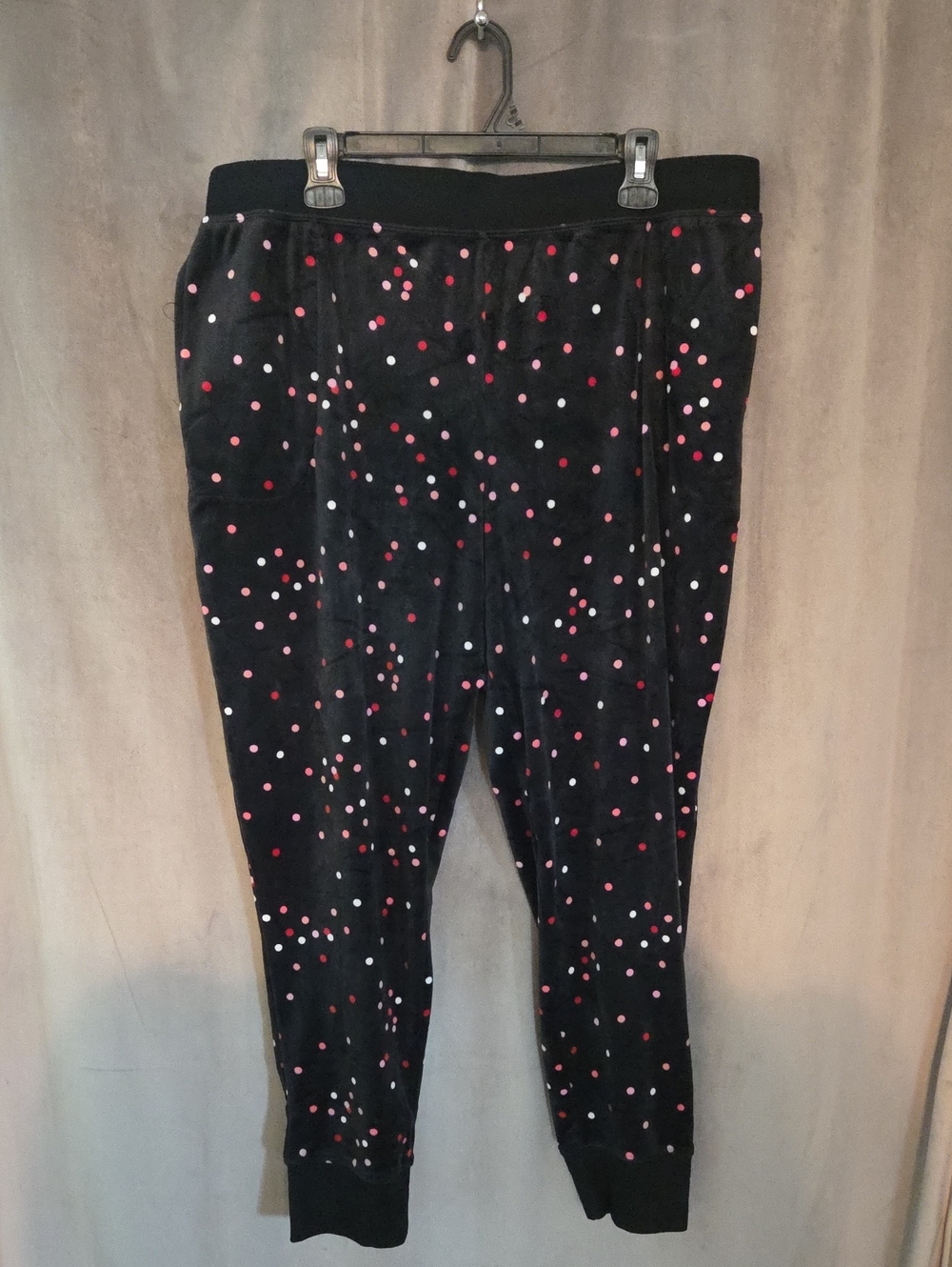 kate spade XL Black Velvet Pajama Pants with Pink & White Polka Dots